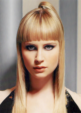 Honey blonde fringe on dead straight hair. Add a little flair with the 