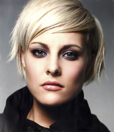 White pale blonde in and icy shade Edgy side swept bangs that emphasize the