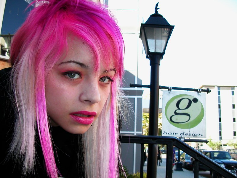 emo girls with black and pink hair. Long emo hair in bright pink