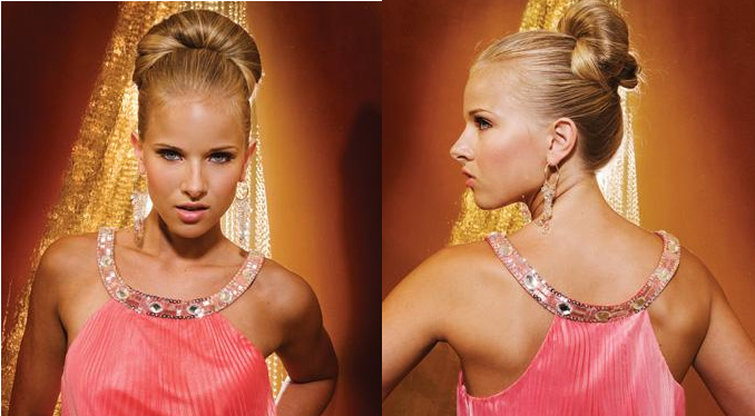 Extremely high fancy bun with the hair pulled back tightly to give that mesmerizing regal effect to your prom style.