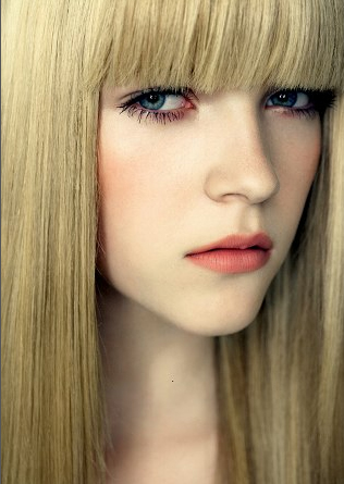 Pale blonde straight hair with bangs