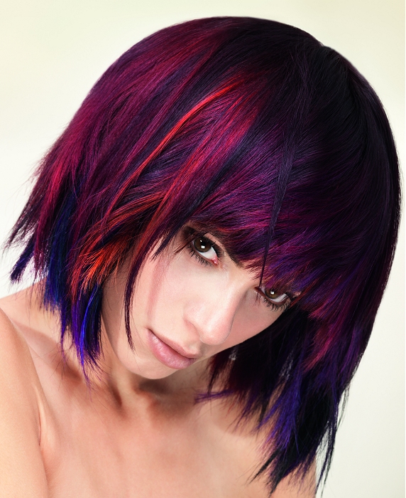 Purple, pink, blue and black hair color.
